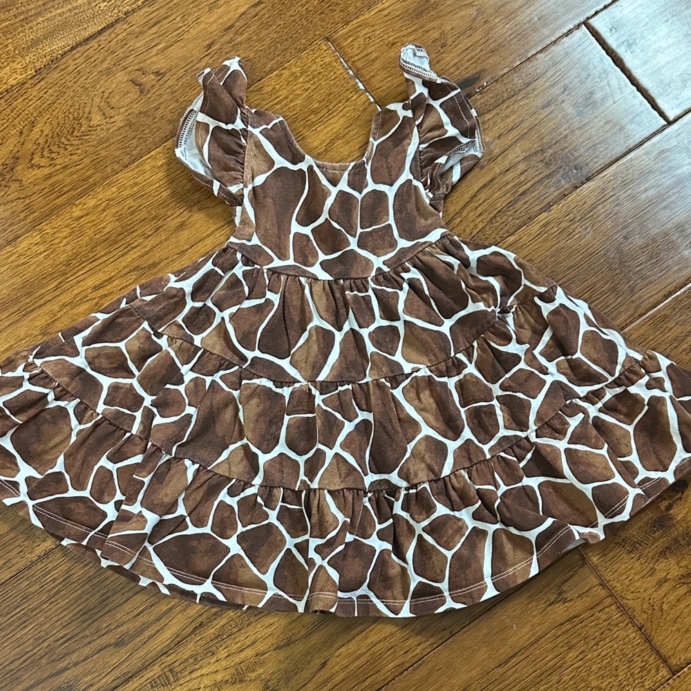 Janie and Jack Brown and White Giraffe Print Ruffle Dress